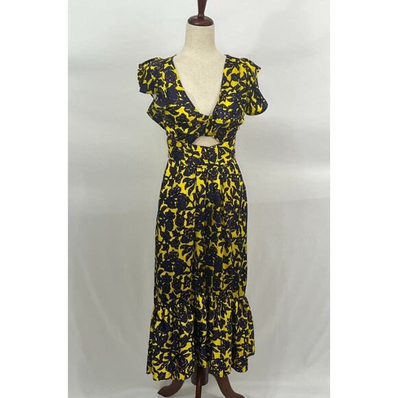 A.L.C Sz 2 Valencia Purple Yellow Floral Silk Cutout Ruffle Midi Dress - Picture 10 of 13